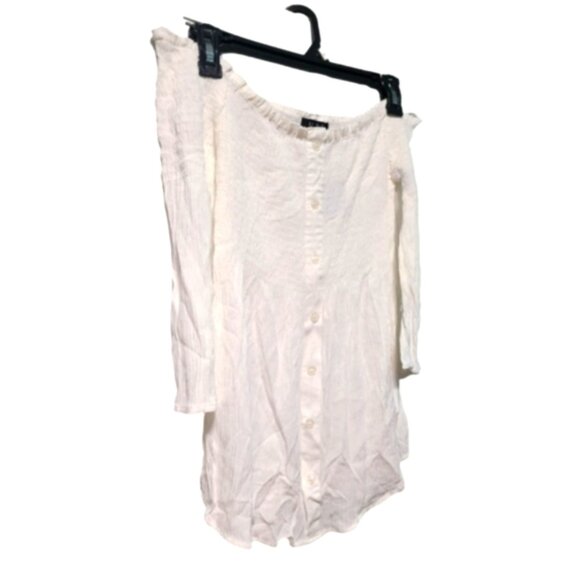 White Off-Shoulder Smocked Peasant Cottage Core Flounce Long Sleeve Crepe Top - Picture 3 of 11